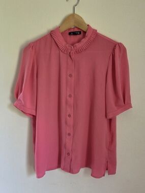 J. Crew Barbie Pink Ruffle-Neck Button Down Blouse Size Small